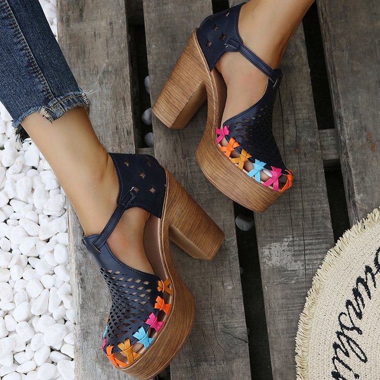 Printed Ethnic Style High-heeled Women's Floral Buckle Chunky Heel Toe Roman Sandals