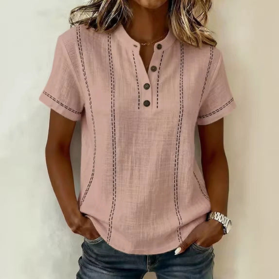 Summer Striped Short-Sleeve Shirts Casual Stand-Collar V-neck Button Blouse Womens Clothing