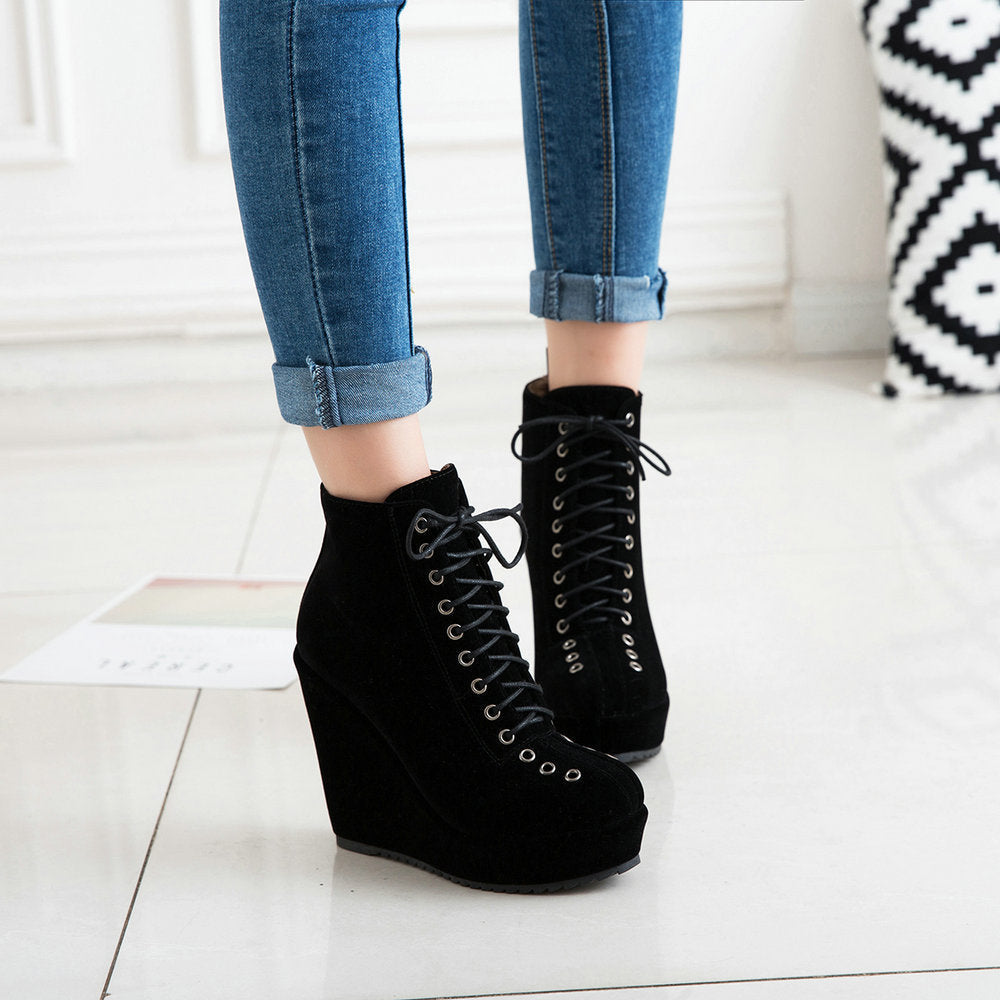High-heeled Sponge Cake Was Thin Suede Lace-up Martin Boots Women