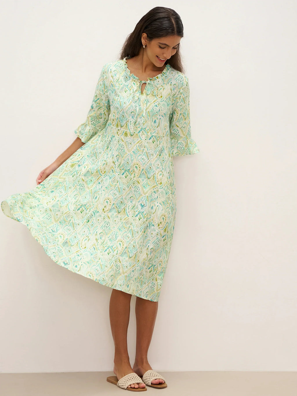 100% Linen A-Line Ruffled Collar Tie-Neck Mini Dress LIVIA