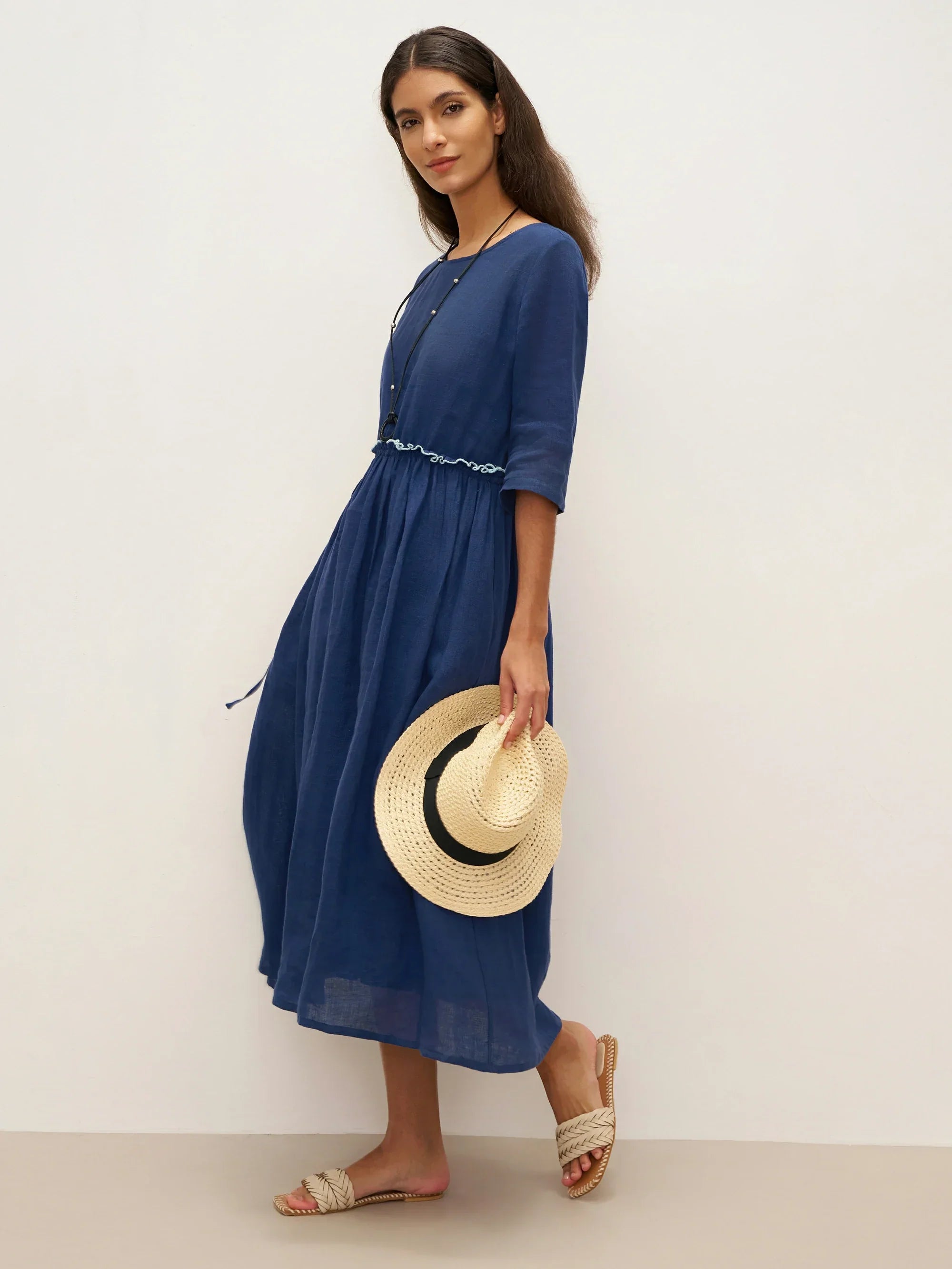 100% Linen Petal-Waist Drawstring Maxi Dress JASMINE