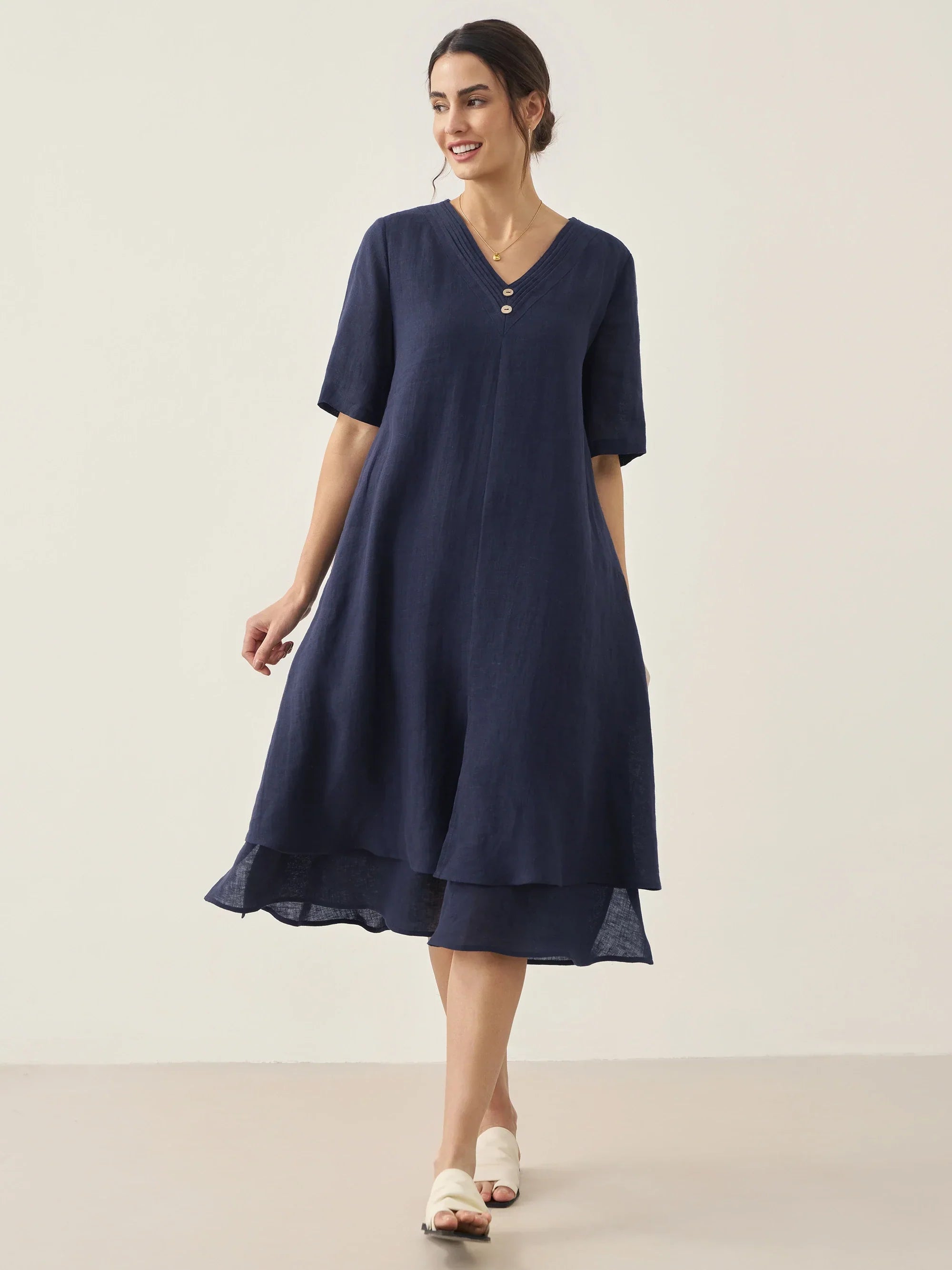 100% Linen V-Neck Double-Layer Mini Dress JAYDA