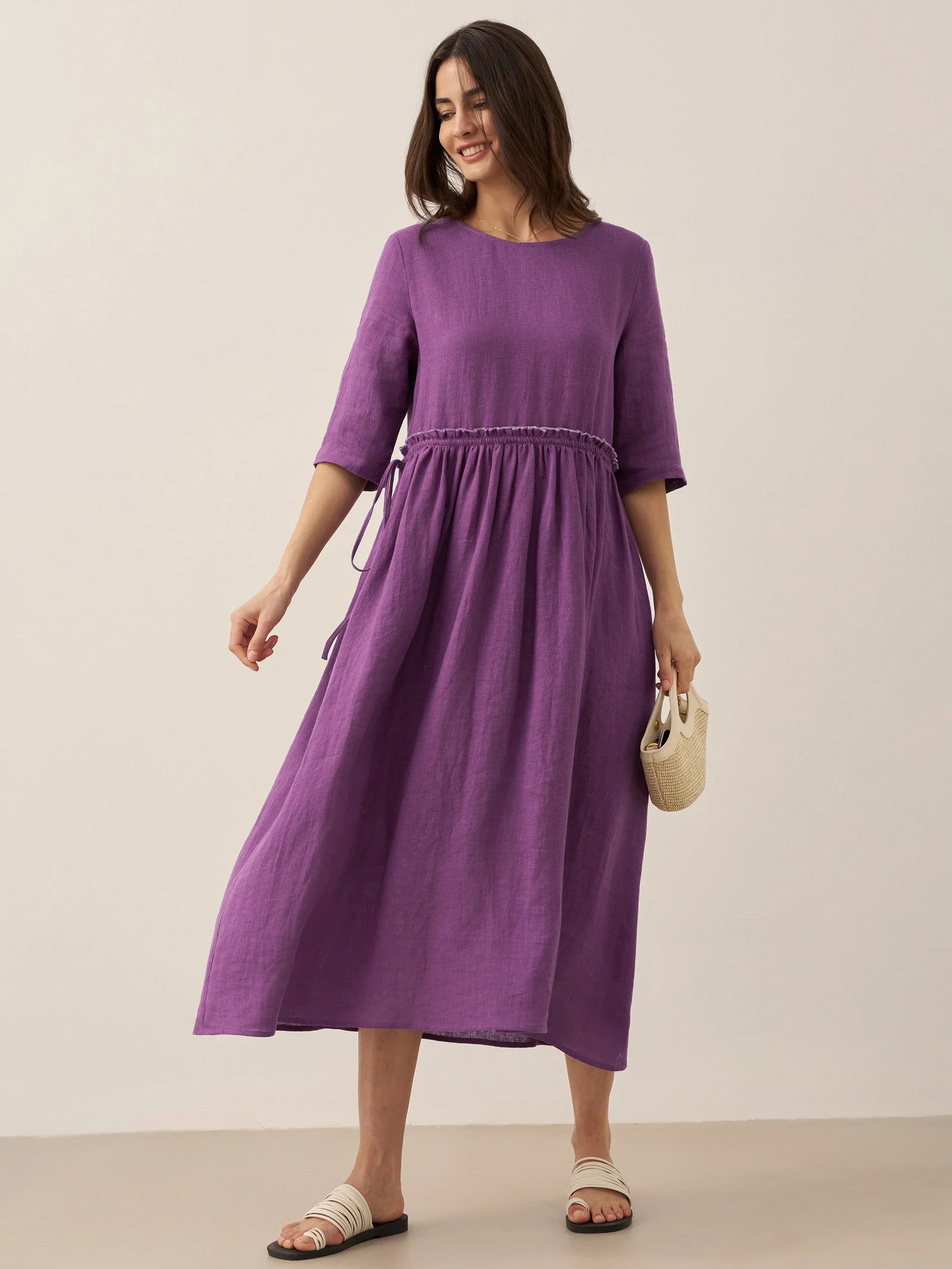 100% Linen Petal-Waist Drawstring Maxi Dress JASMINE