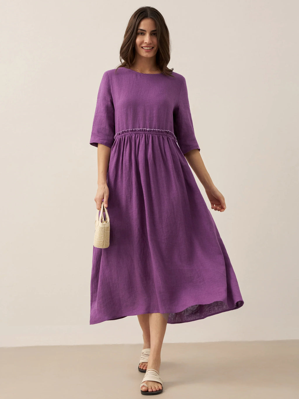 100% Linen Petal-Waist Drawstring Maxi Dress JASMINE