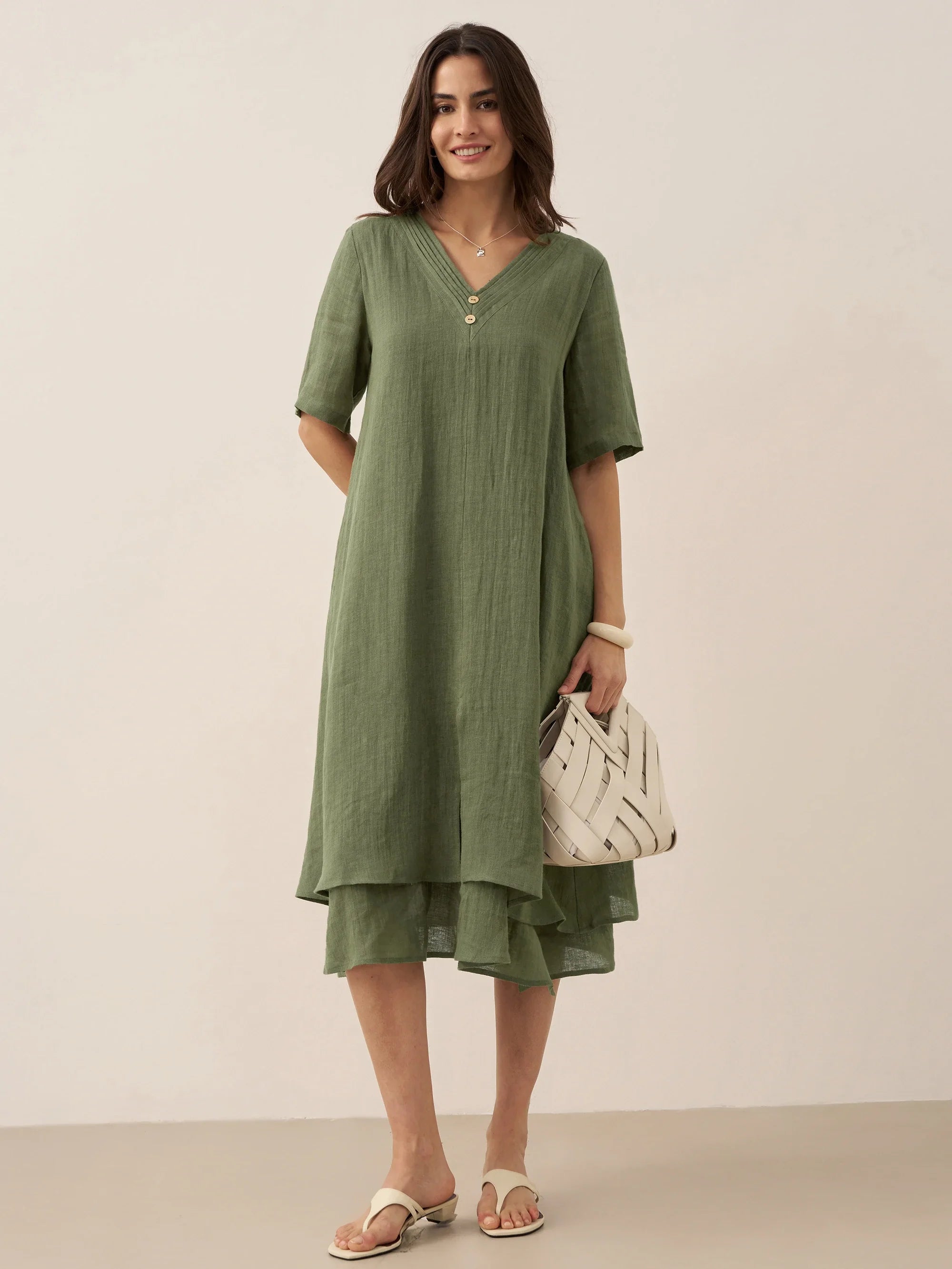 100% Linen V-Neck Double-Layer Mini Dress JAYDA