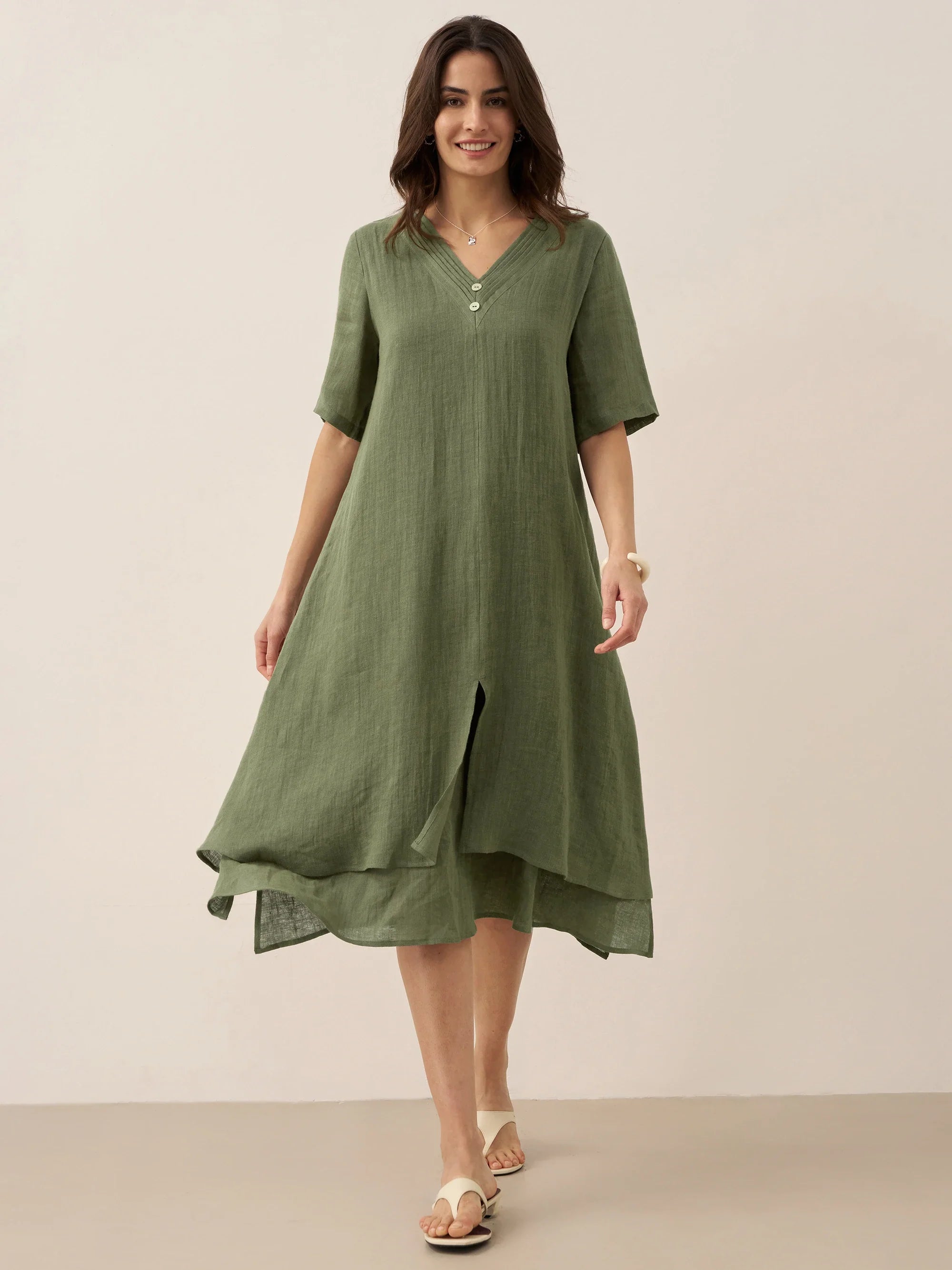 100% Linen V-Neck Double-Layer Mini Dress JAYDA