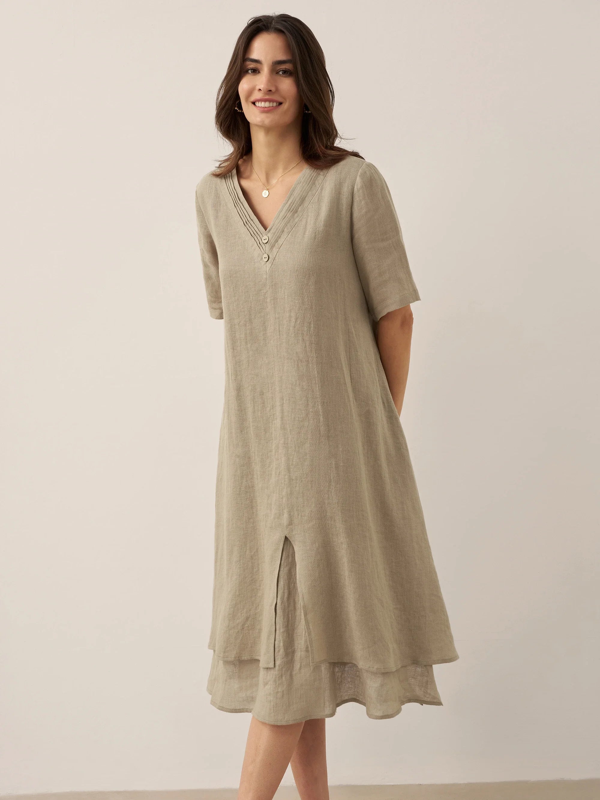 100% Linen V-Neck Double-Layer Mini Dress JAYDA