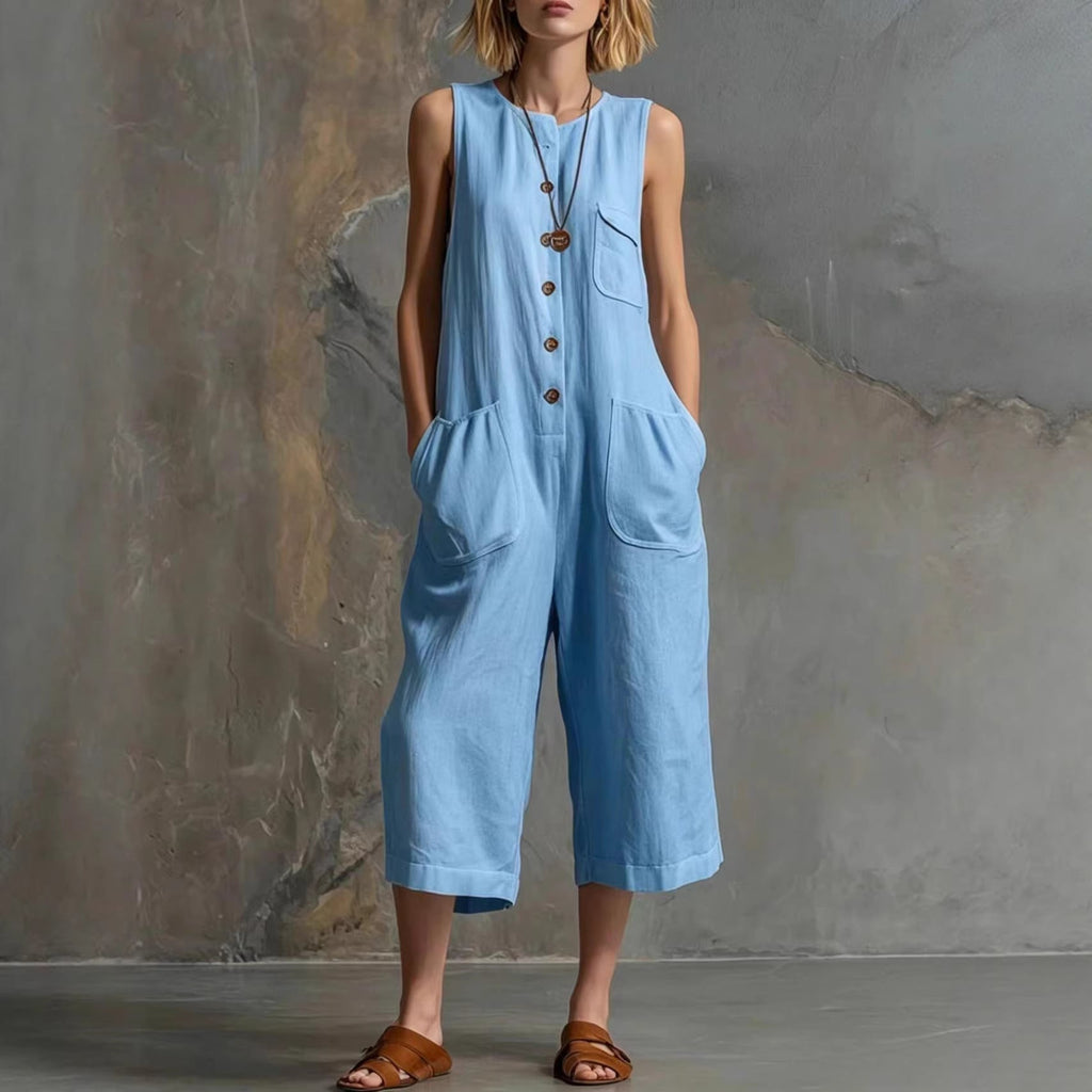 Retro Sleeveless Cotton-Linen Wide-Leg Cropped Jumpsuit