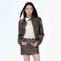 Short Leather Jacket Slim Brown Jacket Motorcycle Jacket