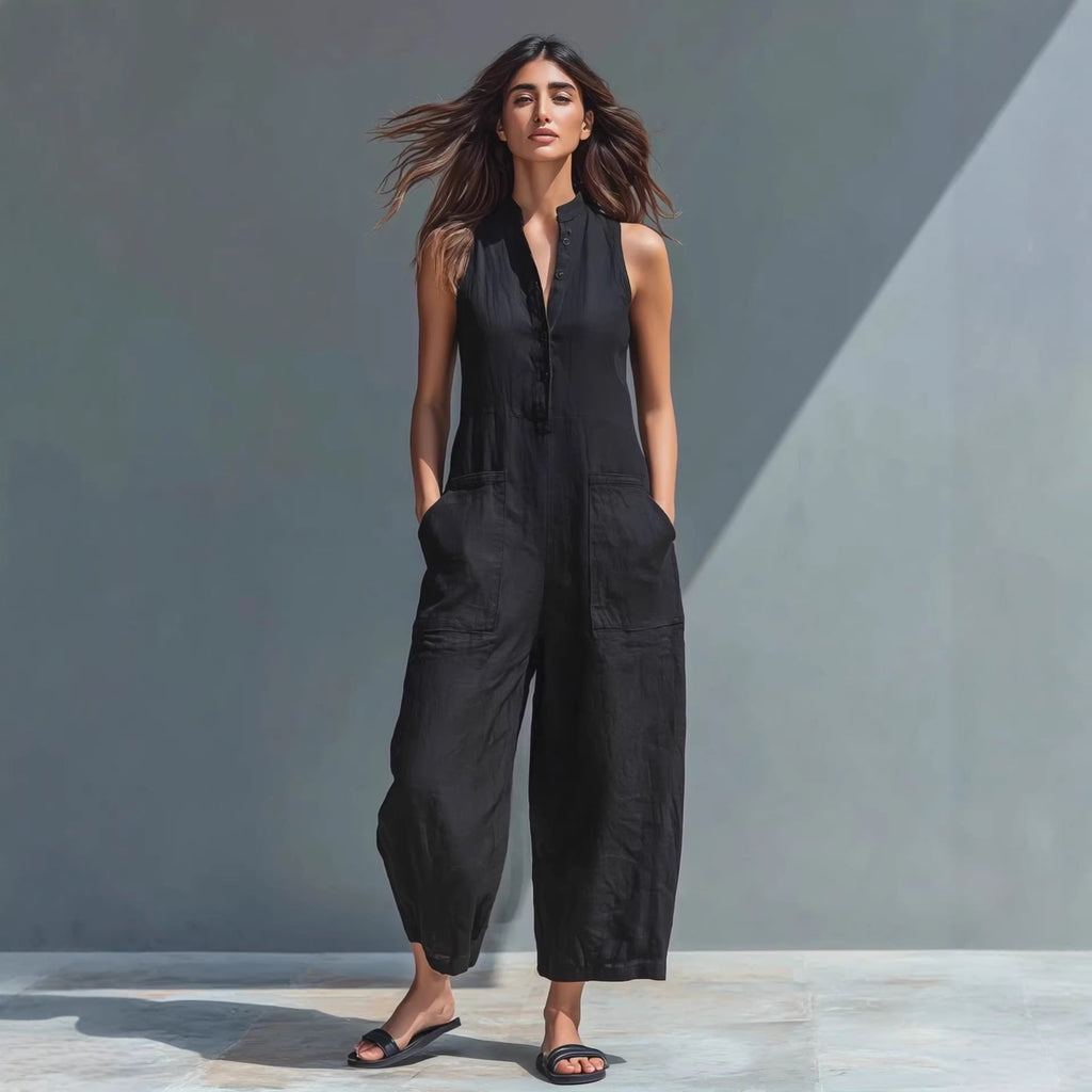 Summer Sleeveless Jumpsuit With Pockets Fashion Casual V-Neck Buttons Trousers Women's Overall Pants