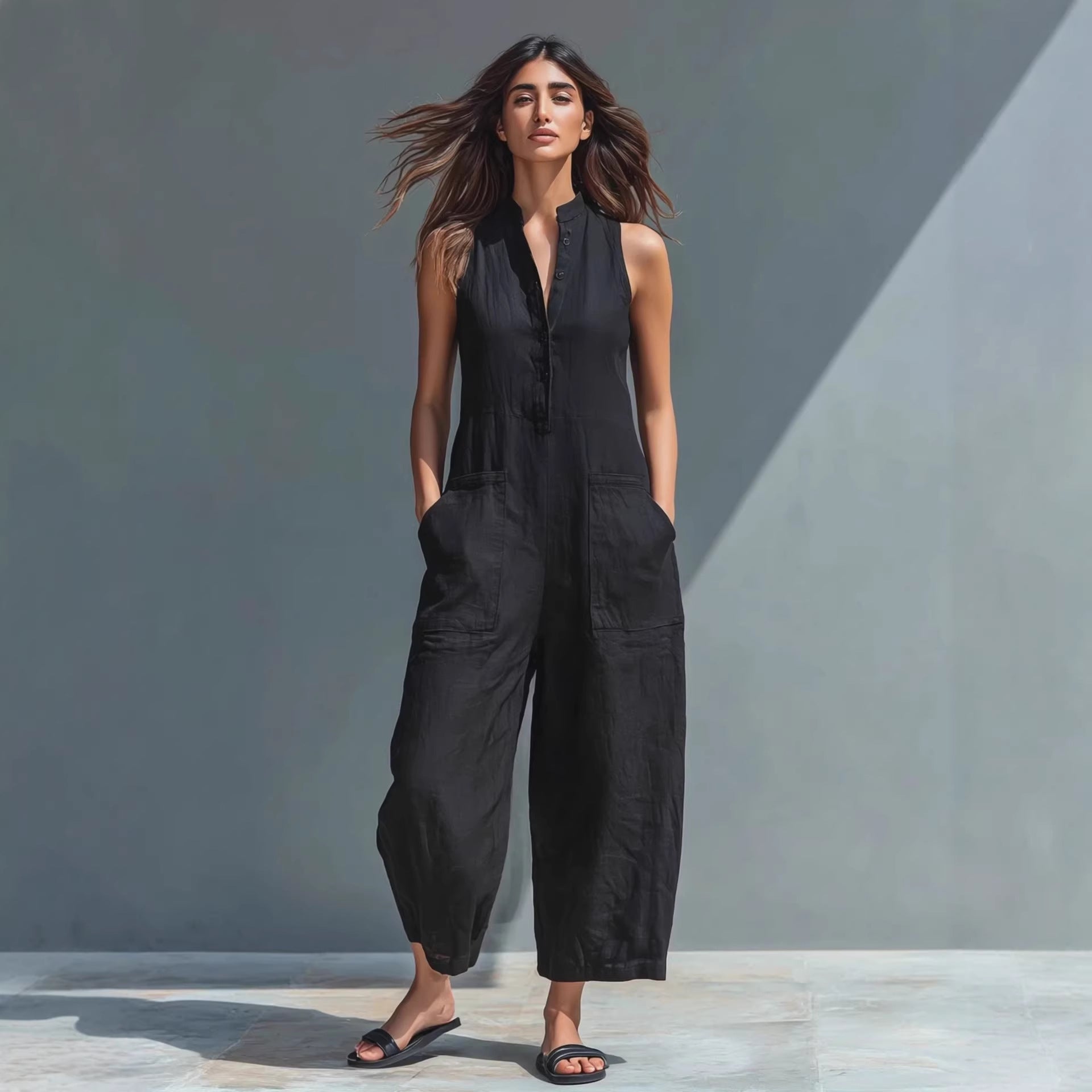 Summer Sleeveless Jumpsuit With Pockets Fashion Casual V-Neck Buttons Trousers Women's Overall Pants
