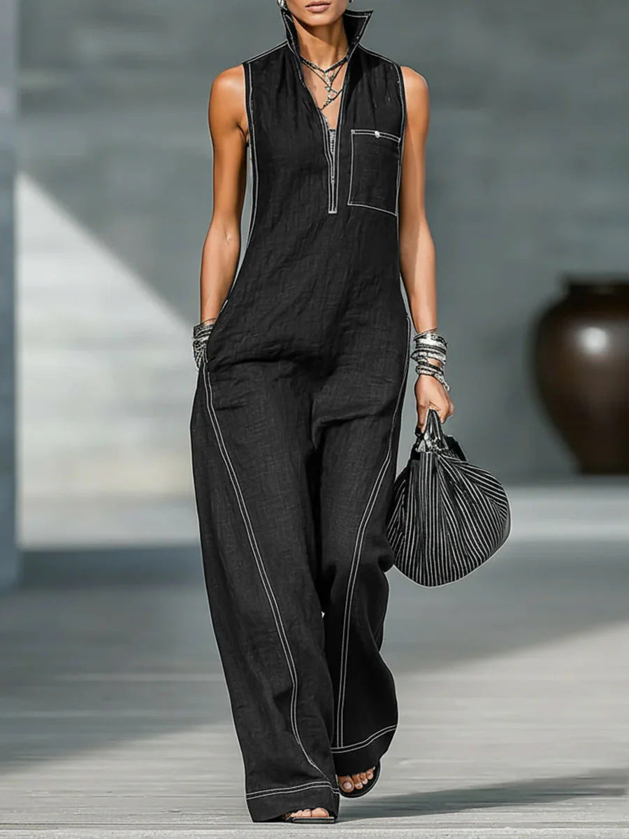 Stand-up Collar Jumpsuit With Pockets Summer Fashion Casual Sleeveless Jumpsuit Trousers Women's Clothing