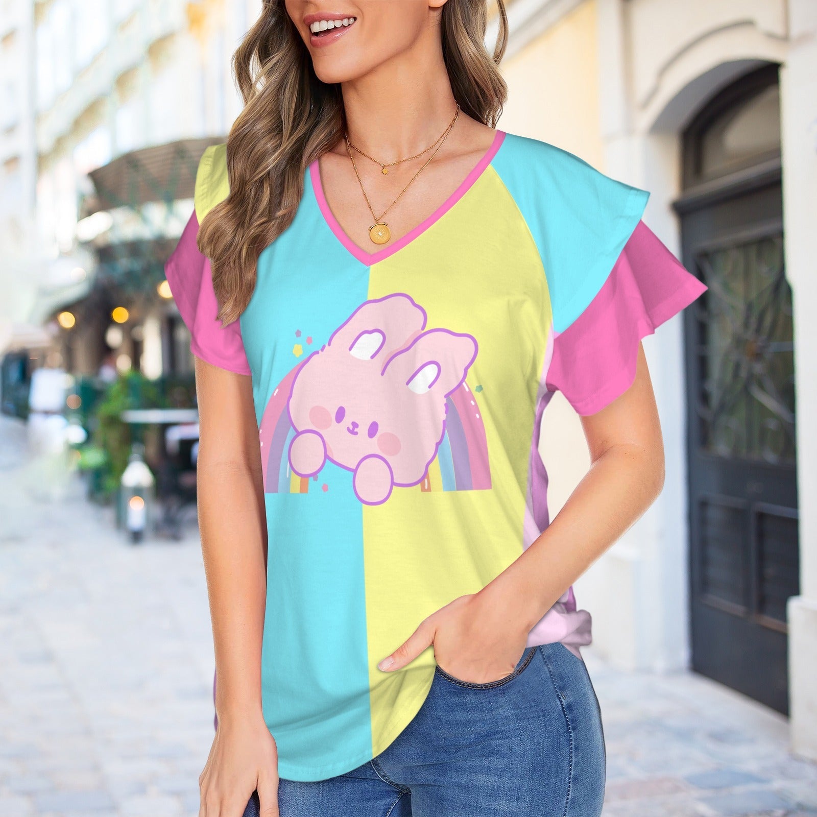Kawaii Bunny Rainbow Ruffle V-Neck Play Tee