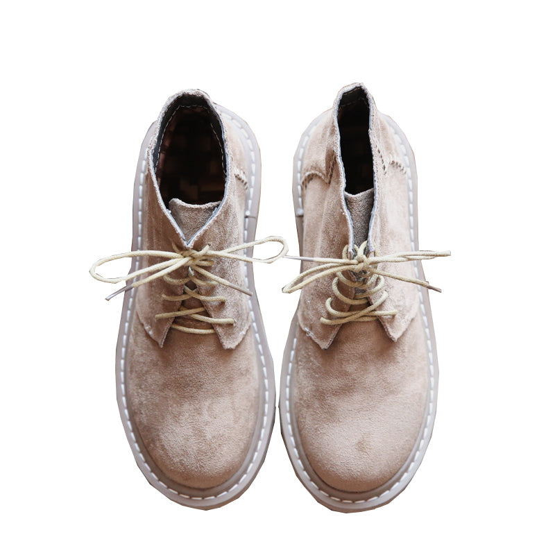 Vintage Suede Round Toe Lace-Up Ankle Boots