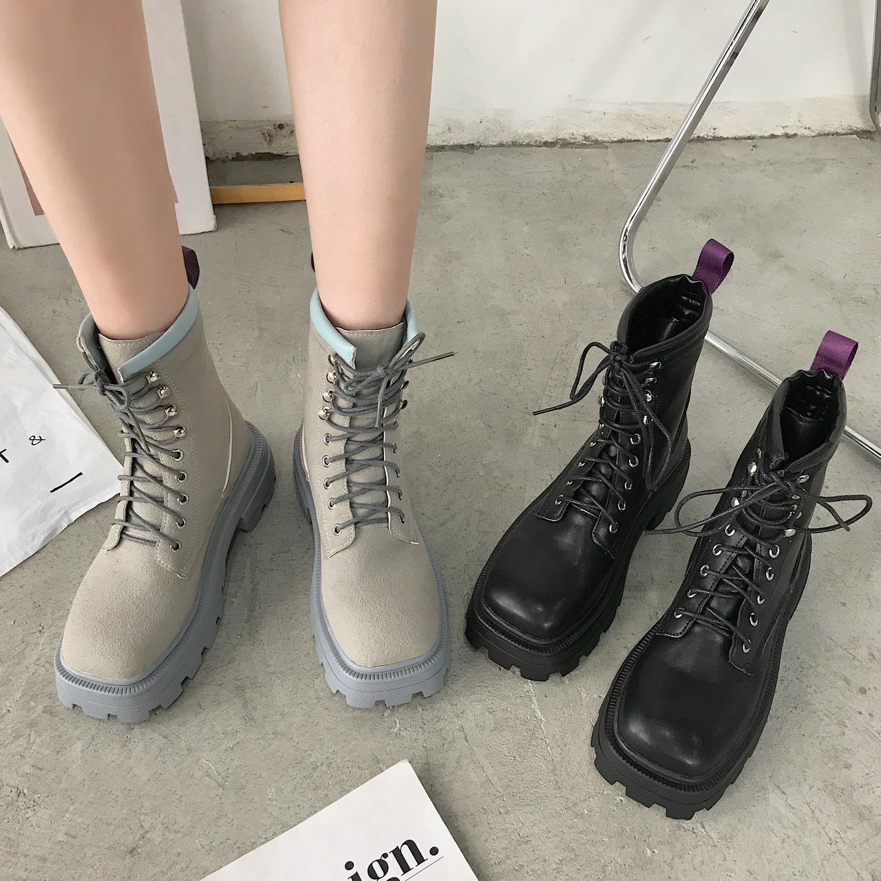 Square toe platform mid-heel lace-up fashion boots