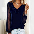 Women's Long Sleeve V-neck Velvet T-Shirt Women Elegant Diamond Mesh Sleeve Loose Tee Tops Christmas Clothes Women Shirt Red