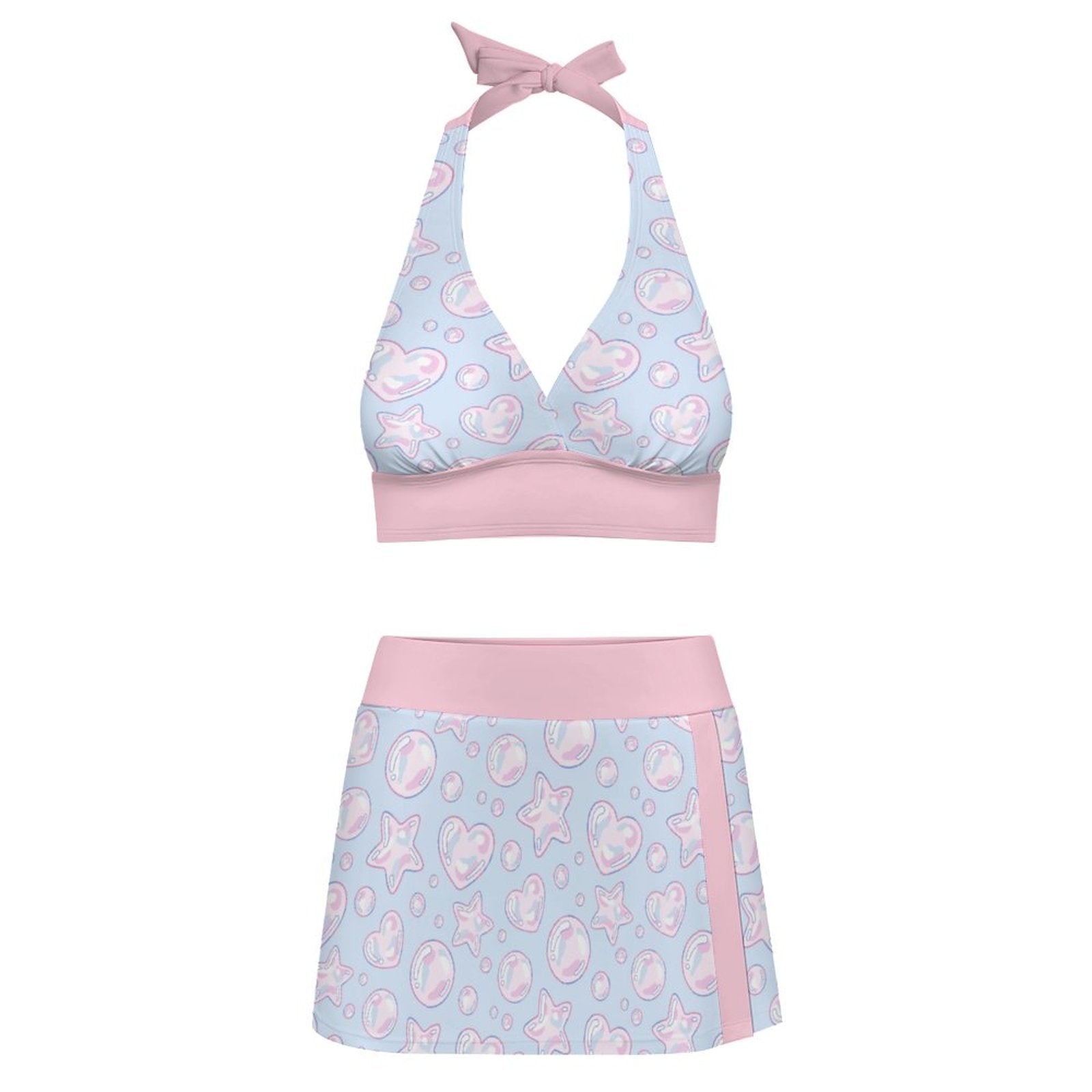 Kawaii Bubbles Halter Skirt Swimsuit Set