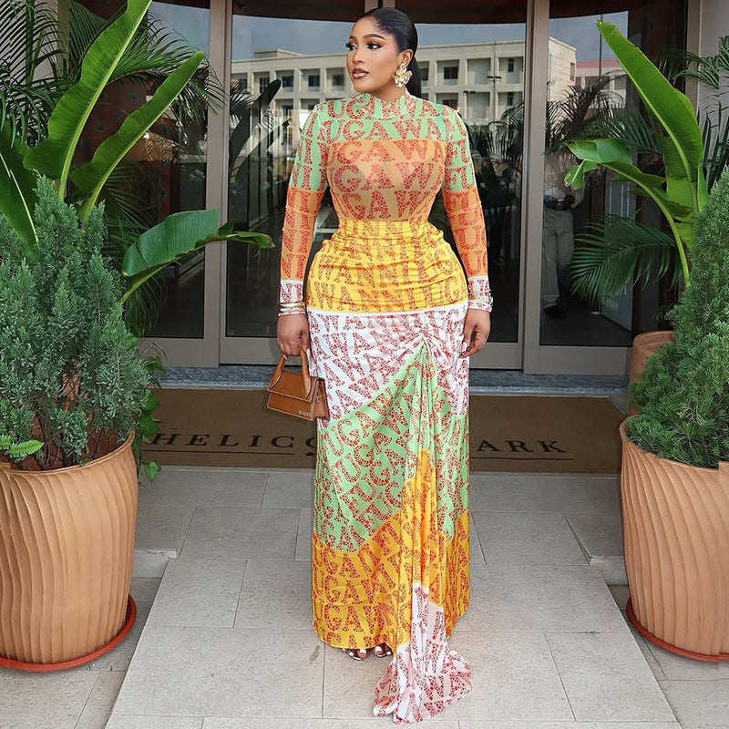 Waist-cinching High-neck Long-sleeve Spliced Slightly Sheer Dress