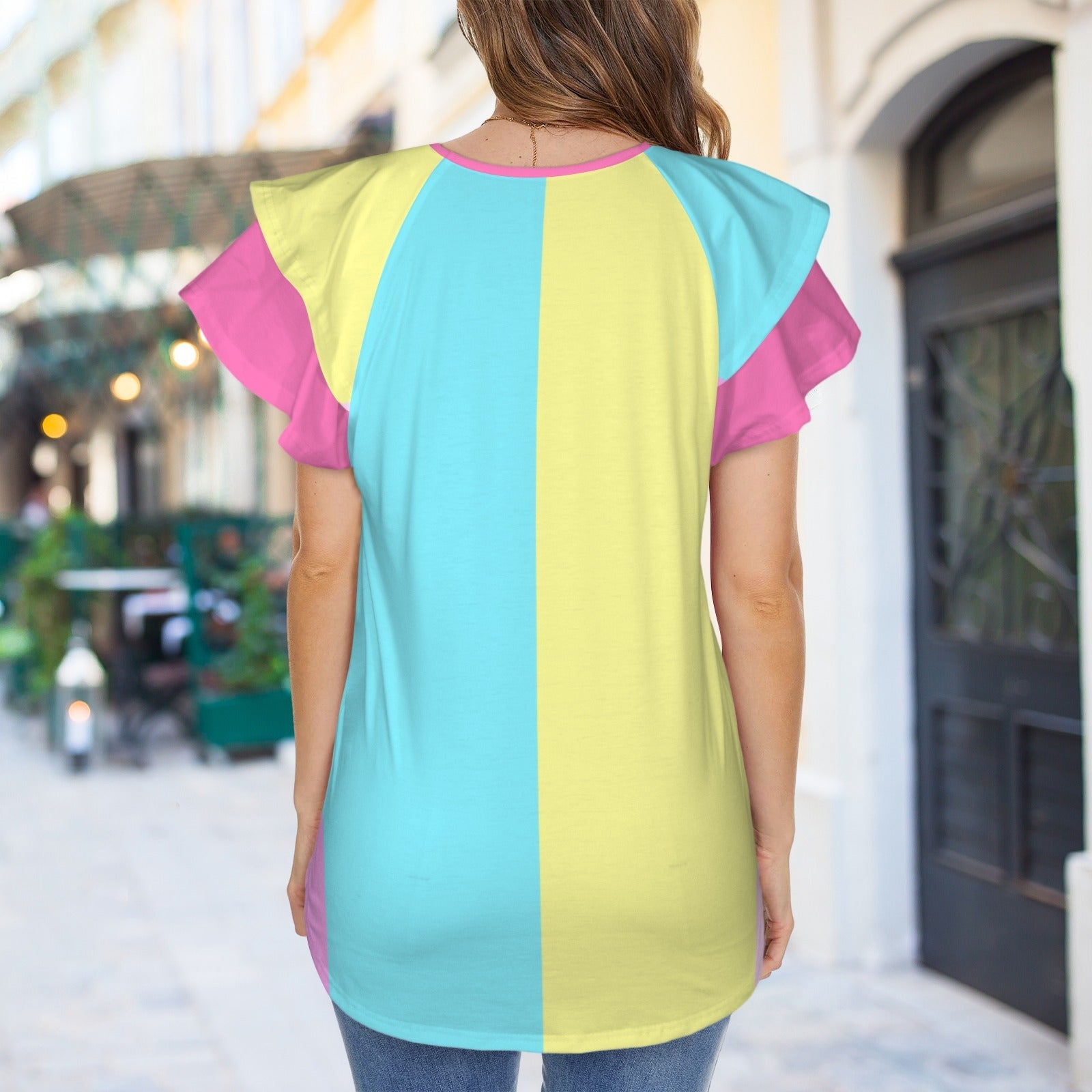 Kawaii Bunny Rainbow Ruffle V-Neck Play Tee
