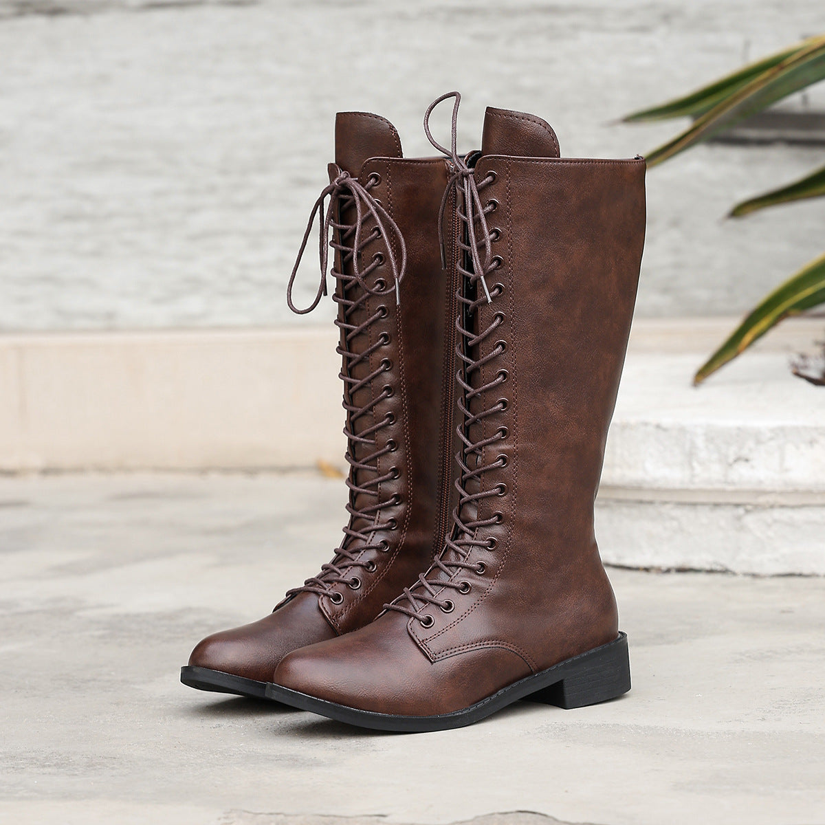 Womens Stylish Round-toe Lace-up Knee-high Boots