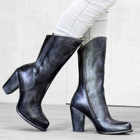 Women's Side-zip Chunky-heeled, Mid-calf Boots