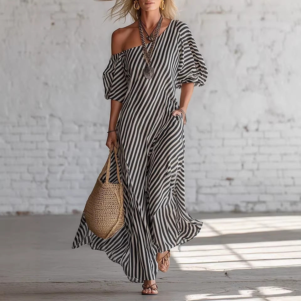 Womens Striped Off-shoulder Dress
