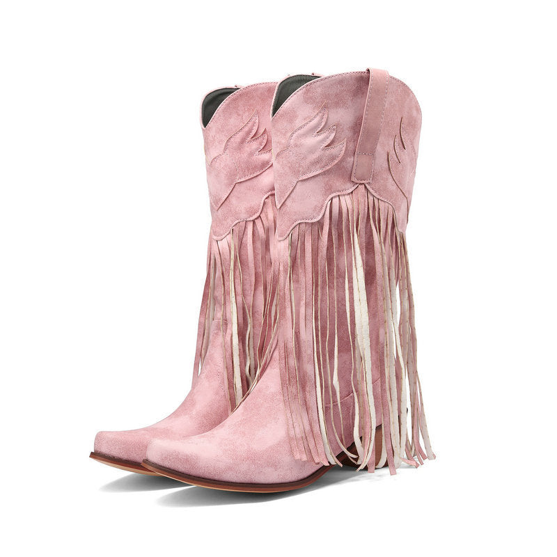 Womens Retro Mid-Calf Chunky Heel Round-Toe Boots
