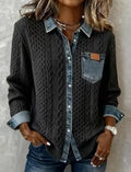 Women's Fashion Knit-and-jean Patchwork Shirt For Fall And Winter
