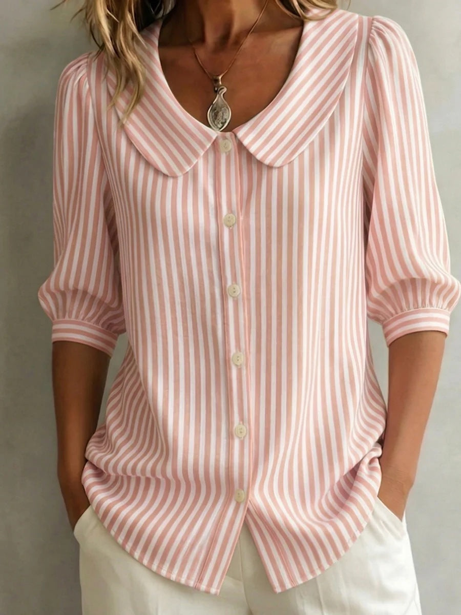 Mid-sleeve Striped V-neck Shirt Top T-shirt Womens Clothing