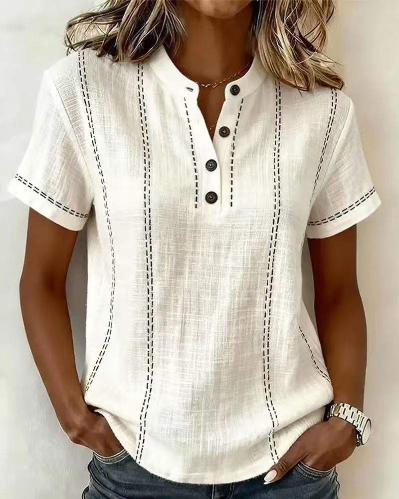 Summer Striped Short-Sleeve Shirts Casual Stand-Collar V-neck Button Blouse Womens Clothing