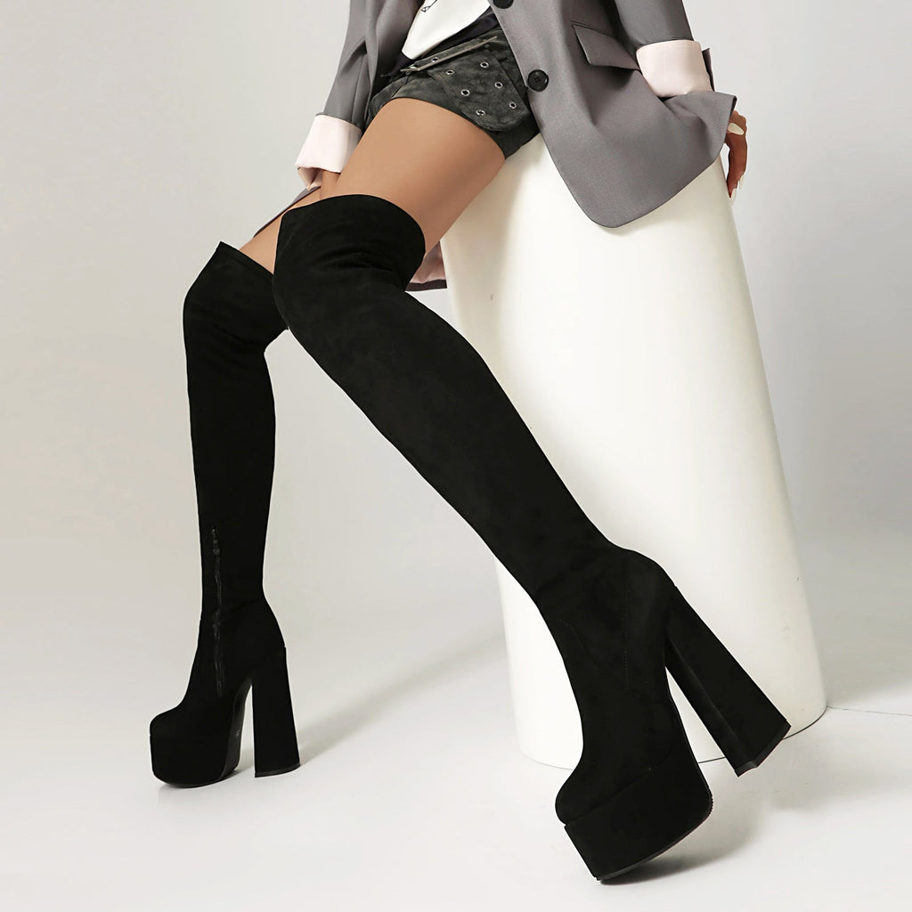 High-heeled Pointed-toe Waterproof Platform Boots With Chunky Heels