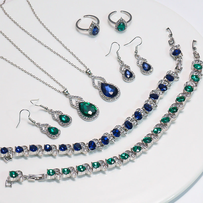 Light Luxury Zircon Necklace Earrings Open Ring Jewelry Suit