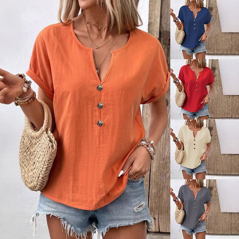 Women's Buttoned V-neck Short-sleeve T-shirt Top