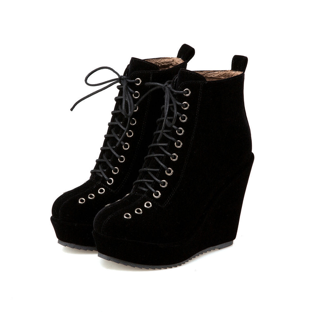 High-heeled Sponge Cake Was Thin Suede Lace-up Martin Boots Women