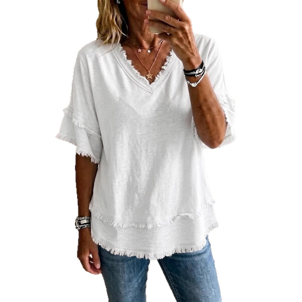 Casual Women's Shirt V-Neck Short Sleeve Loose Fit Pure Color Summer Fashion Trend Pullover Tops For Daily Wear