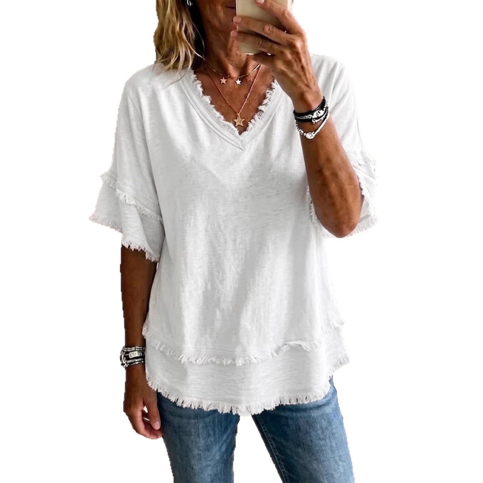 Casual Women's Shirt V-Neck Short Sleeve Loose Fit Pure Color Summer Fashion Trend Pullover Tops For Daily Wear