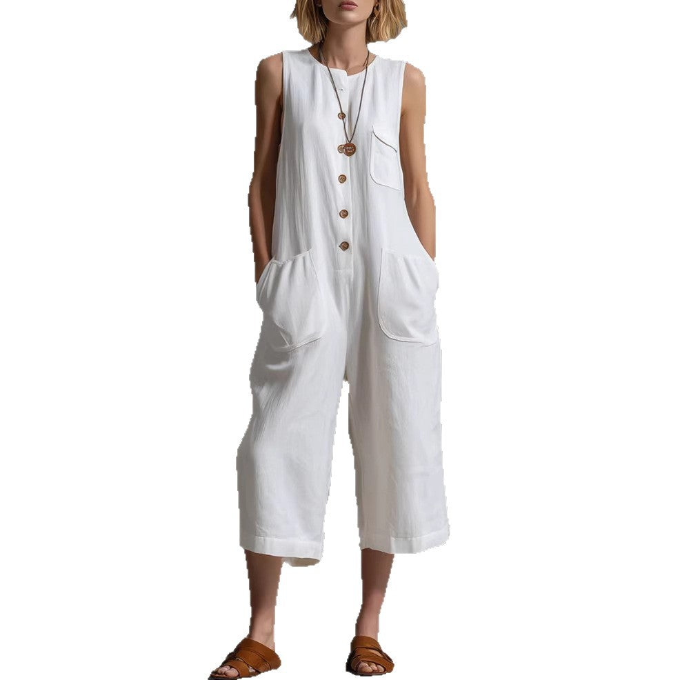 Retro Sleeveless Cotton-Linen Wide-Leg Cropped Jumpsuit