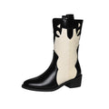 Black White Cowboy Boots Women Low Heel Mid Calf Shoes