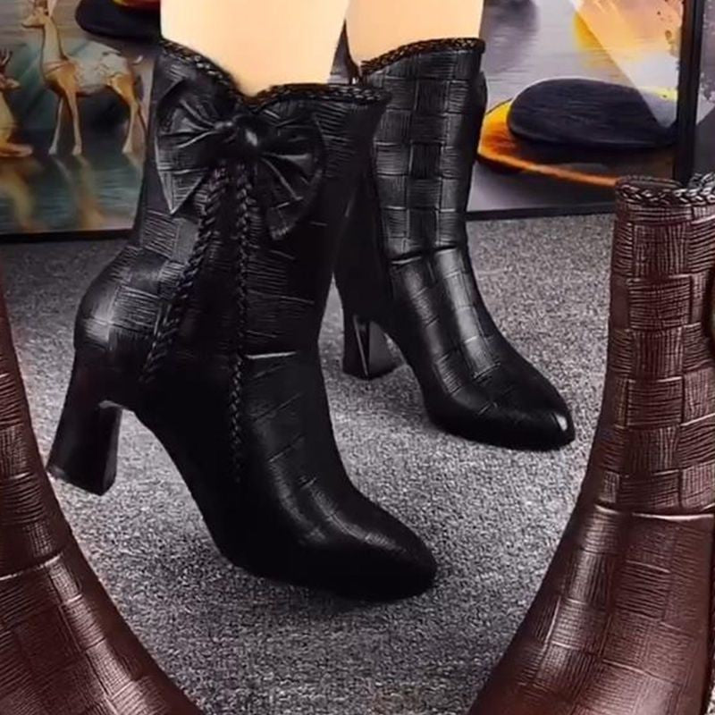 New Fallwinter Velvet Lined Fashion Leather Boots Mid Calf High Heeled Boots