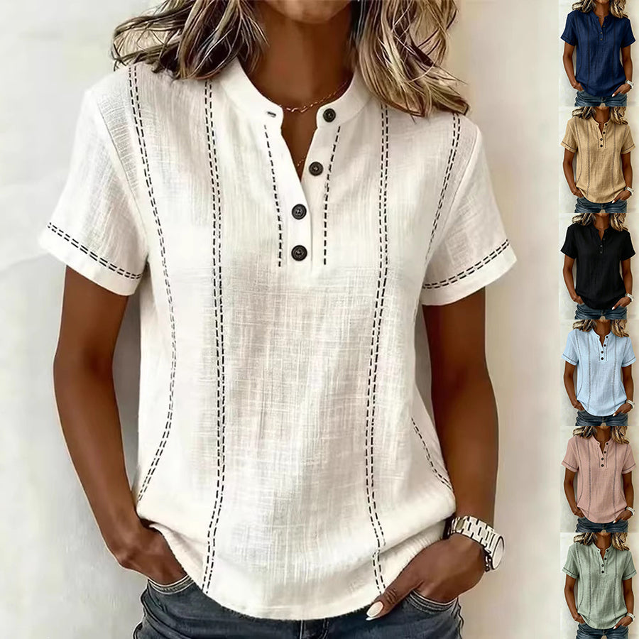 Summer Striped Short-Sleeve Shirts Casual Stand-Collar V-neck Button Blouse Womens Clothing