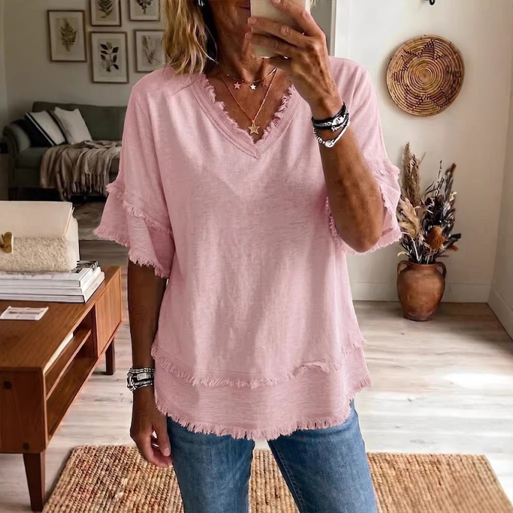 Casual Women's Shirt V-Neck Short Sleeve Loose Fit Pure Color Summer Fashion Trend Pullover Tops For Daily Wear