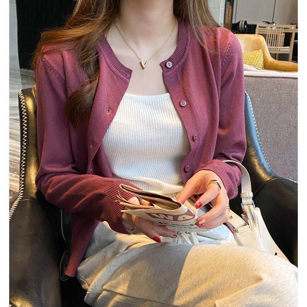 Women's Slimming Round-Neck Long-Sleeve Knitted Cardigan