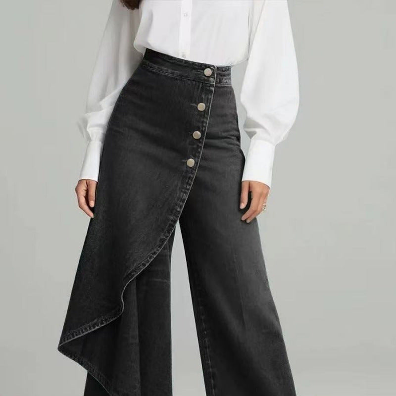 Denim Skort With Button Closure And Washed Finish For Women