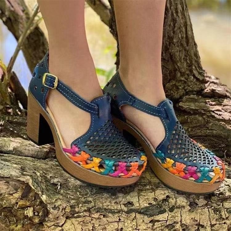 Printed Ethnic Style High-heeled Women's Floral Buckle Chunky Heel Toe Roman Sandals
