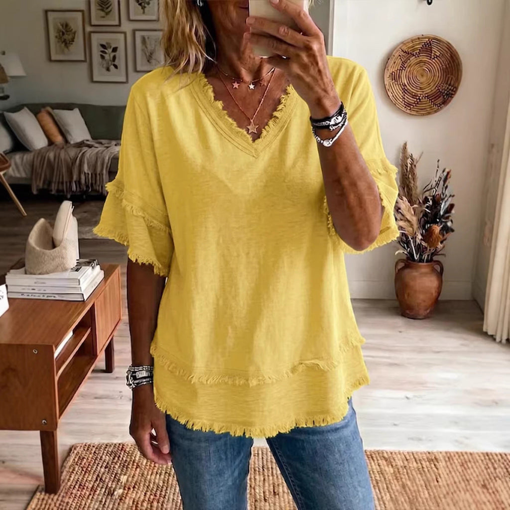 Casual Women's Shirt V-Neck Short Sleeve Loose Fit Pure Color Summer Fashion Trend Pullover Tops For Daily Wear