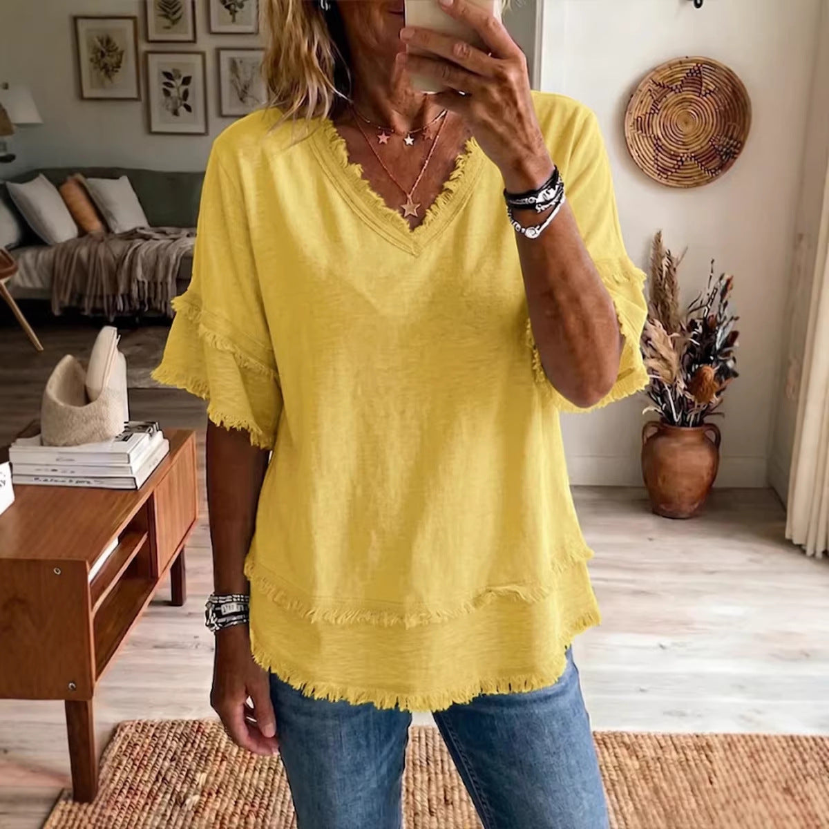 Casual Women's Shirt V-Neck Short Sleeve Loose Fit Pure Color Summer Fashion Trend Pullover Tops For Daily Wear