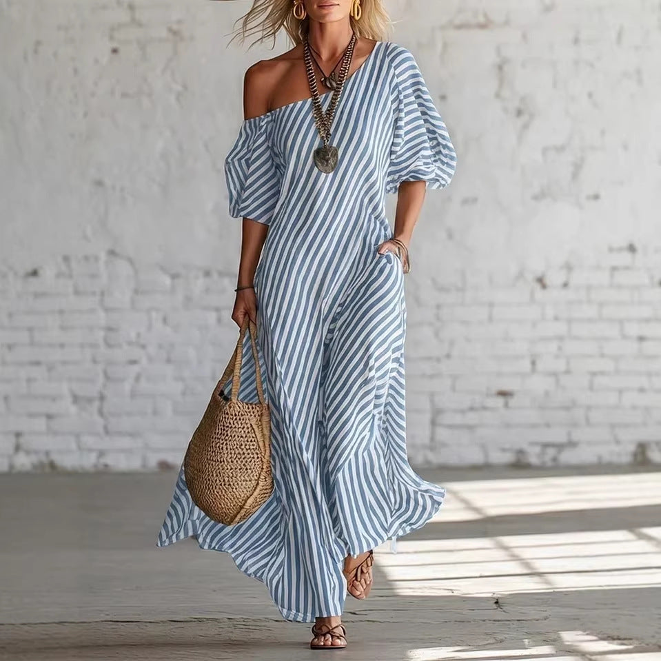 Womens Striped Off-shoulder Dress