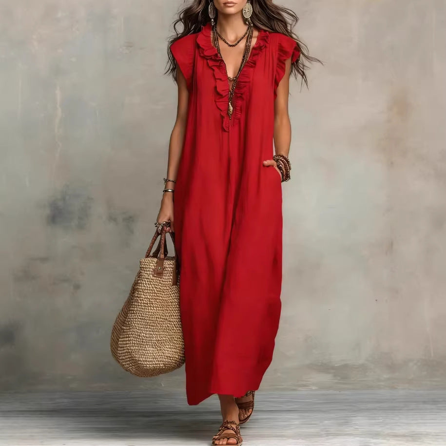 Women's Spring Summer Pocket Ruffle Elegant Dress