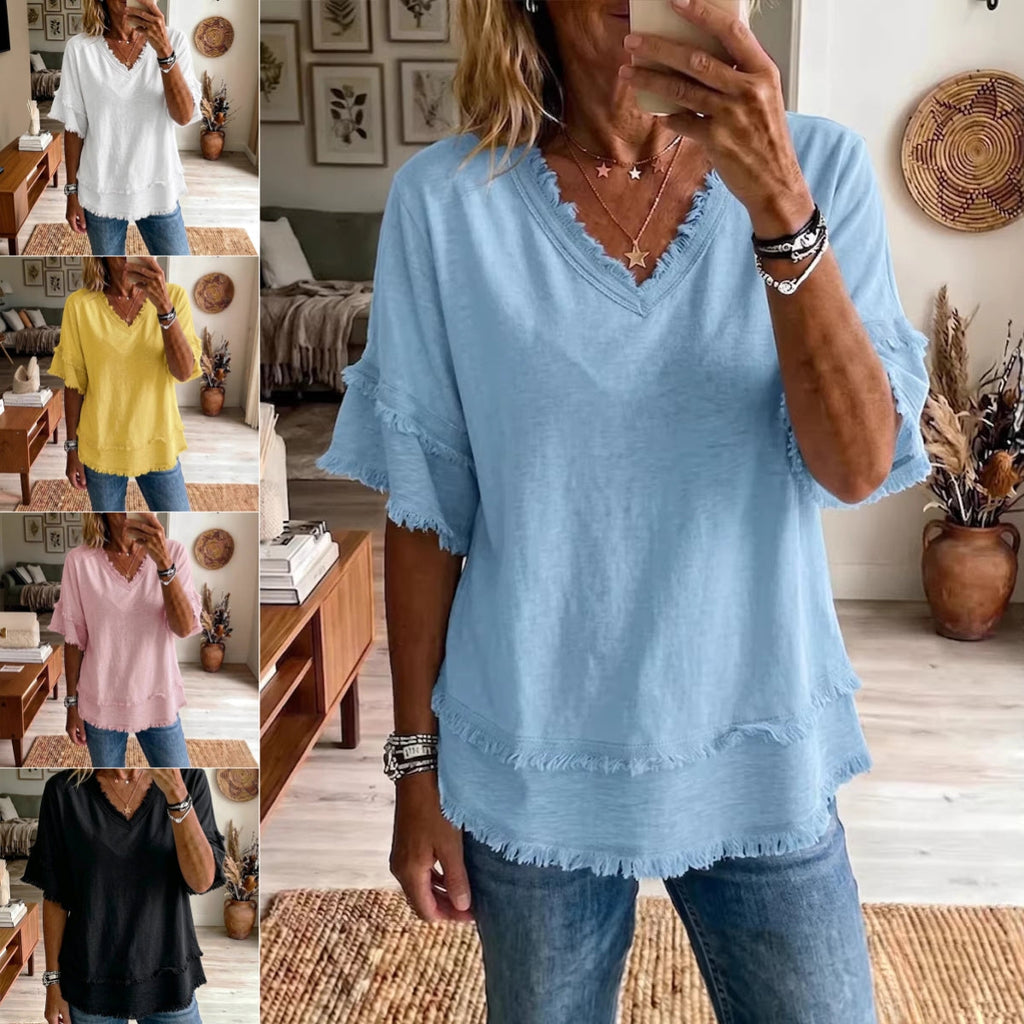 Casual Women's Shirt V-Neck Short Sleeve Loose Fit Pure Color Summer Fashion Trend Pullover Tops For Daily Wear