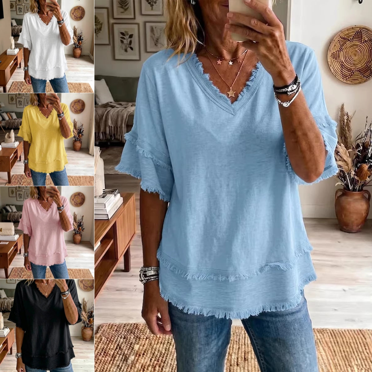 Casual Women's Shirt V-Neck Short Sleeve Loose Fit Pure Color Summer Fashion Trend Pullover Tops For Daily Wear